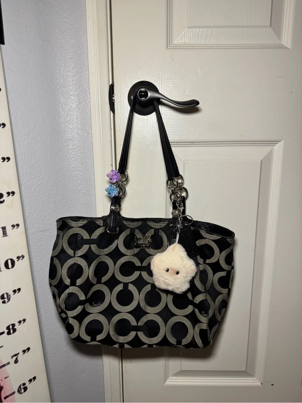 Sold: Coach Black & Gray Signature Circle Tote with Plush Charm